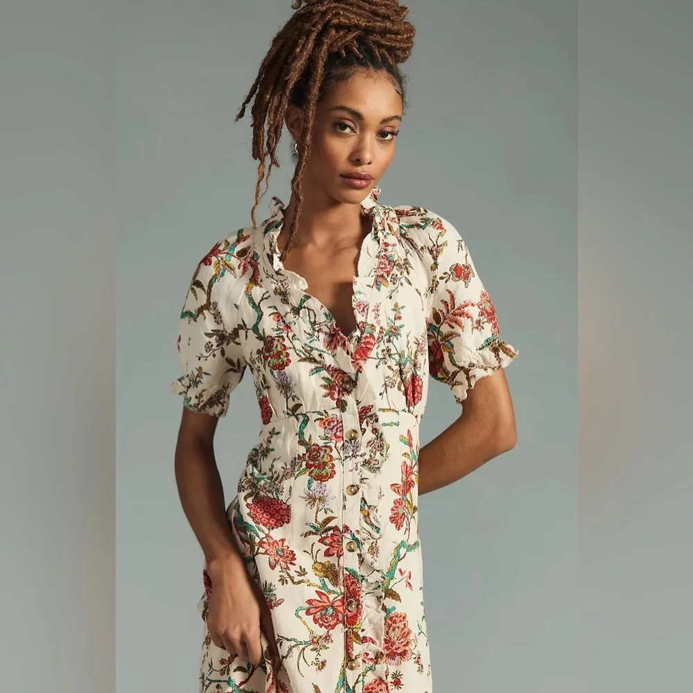 Pilcro by Anthropologie Floral Dress Beige Multi Ruffle Collar Button Lined - Picture 4 of 8